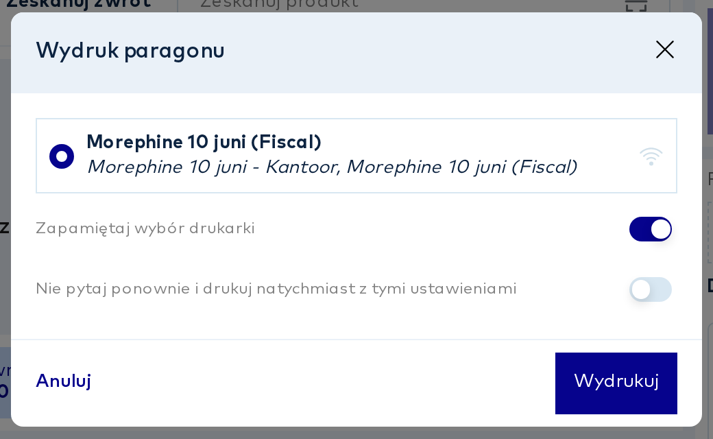 Okno „Wydruk paragonu” z przyciskami „Anuluj” i „Wydrukuj”