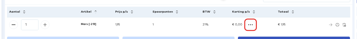 De artikelregel in de kassa met de knop naast Korting p/s