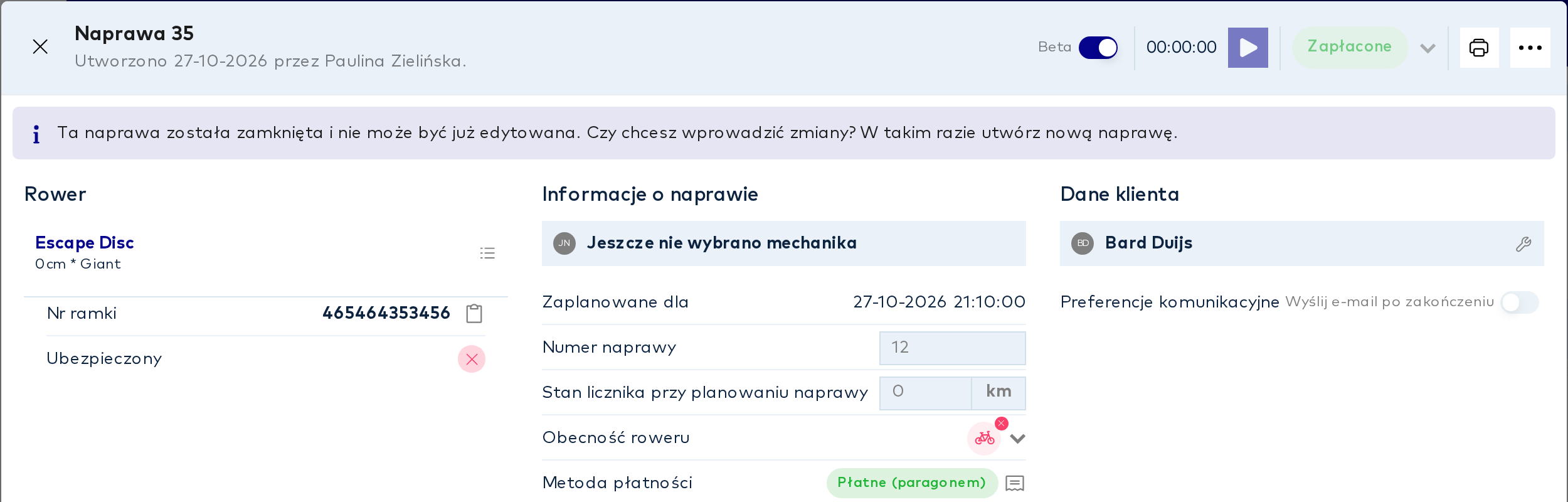 Naprawa ze statusem „Zapłacone” i metodą płatności „Płatne (paragonem)”