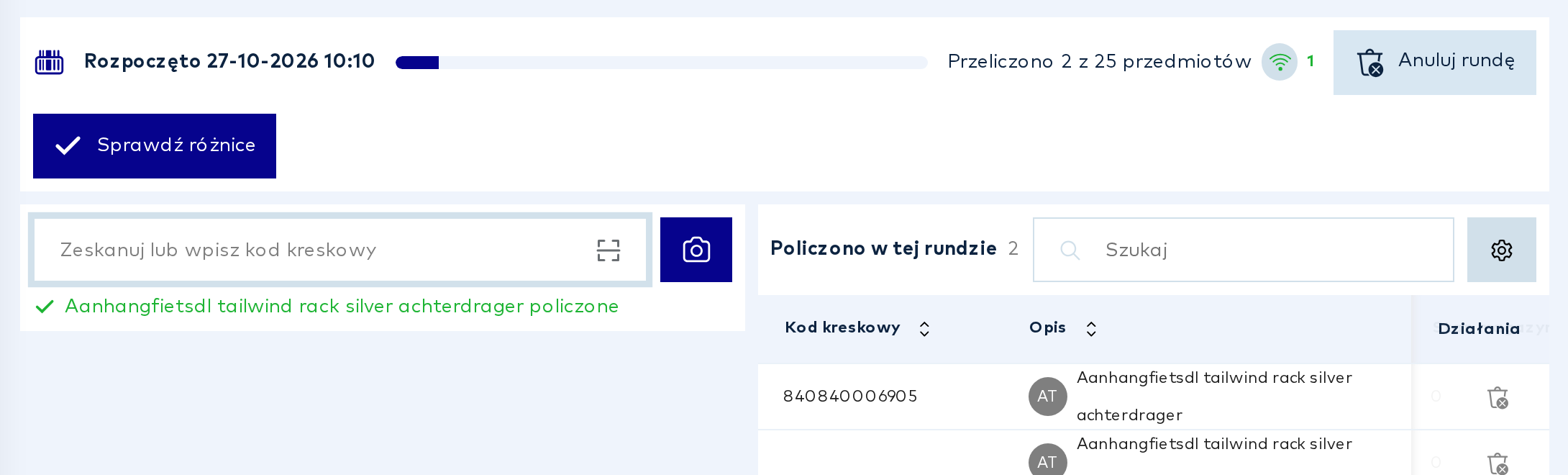 Ekran liczenia z policzonym artykułem na liście Policzono w tej rundzie