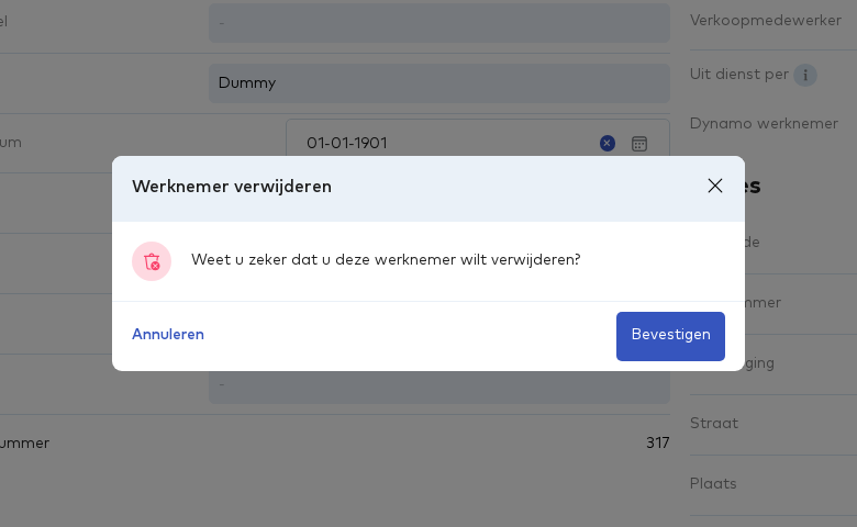 De bevestiging Werknemer verwijderen met de knoppen Annuleren en Bevestigen