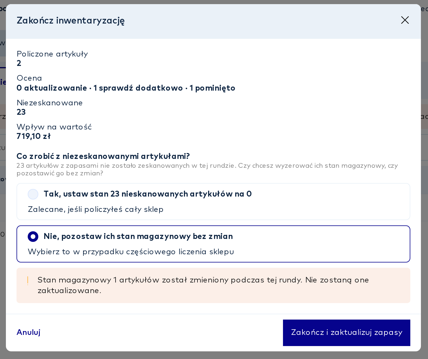 Okno Zakończ inwentaryzację z wyborem, co zrobić z niezeskanowanymi artykułami