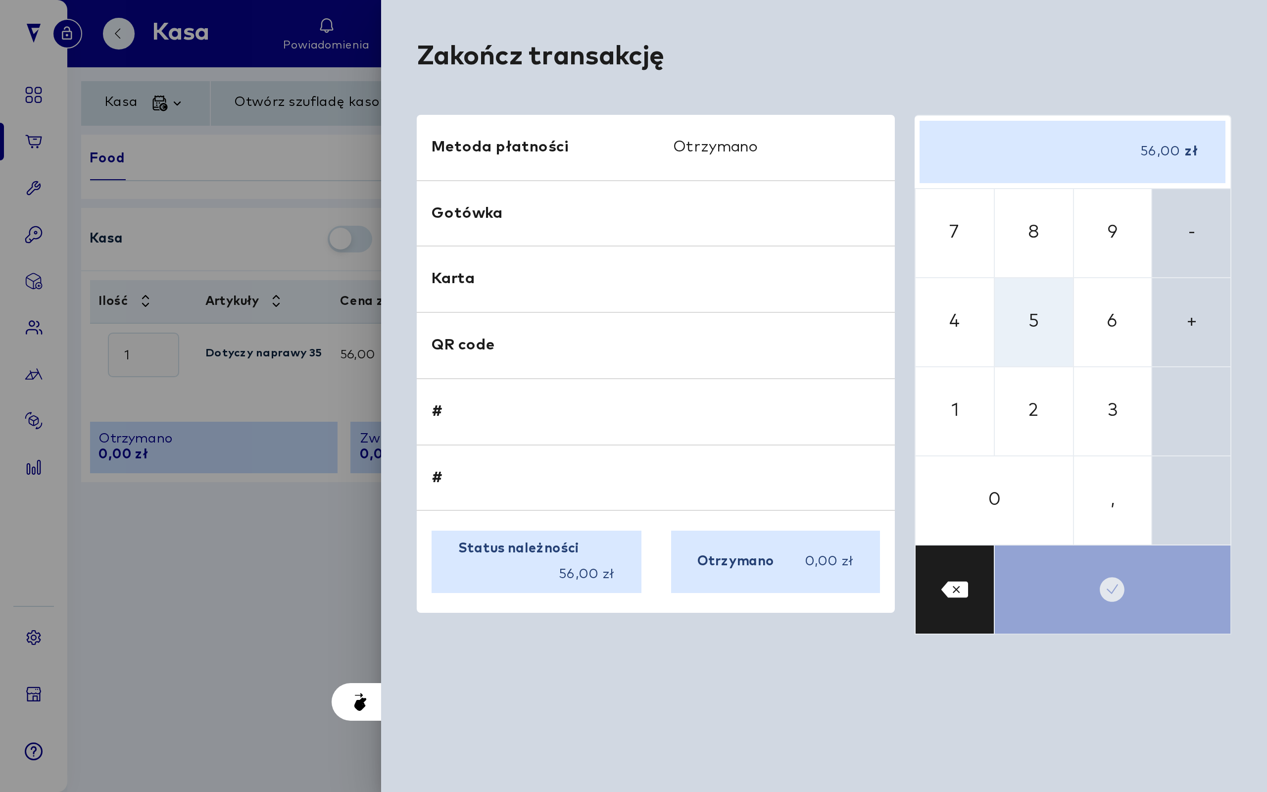 Okno „Zakończ transakcję” z metodami płatności i kwotą 56,00 zł