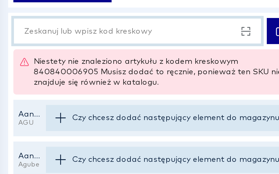 Komunikat o nieznanym kodzie kreskowym i propozycje artykułów z katalogu