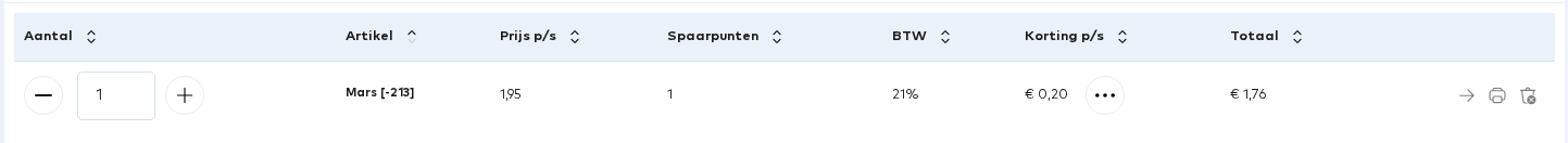 De artikelregel met de korting en het lagere totaal