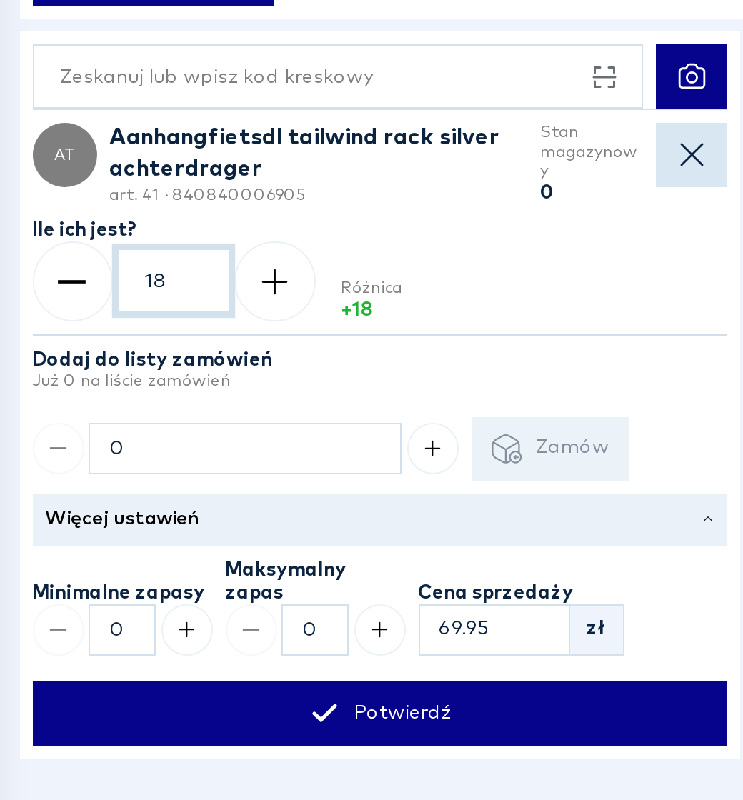 Ekran liczenia z zeskanowanym artykułem, wpisaną ilością i przyciskiem Potwierdź